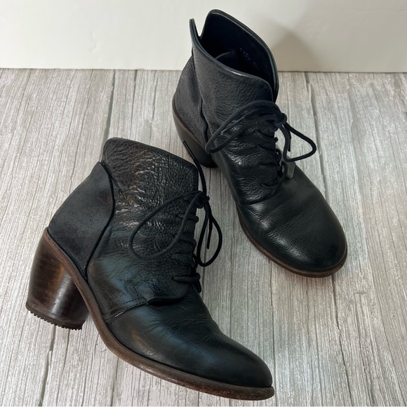 P. MONJO Black Leather Lace Up Ankle Stacked Heel Steampunk - Picture 2 of 7